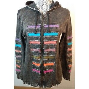 Art Studio Produce Boho Hippie Applique Mineral Washed Cotton Zippered Hoodie M